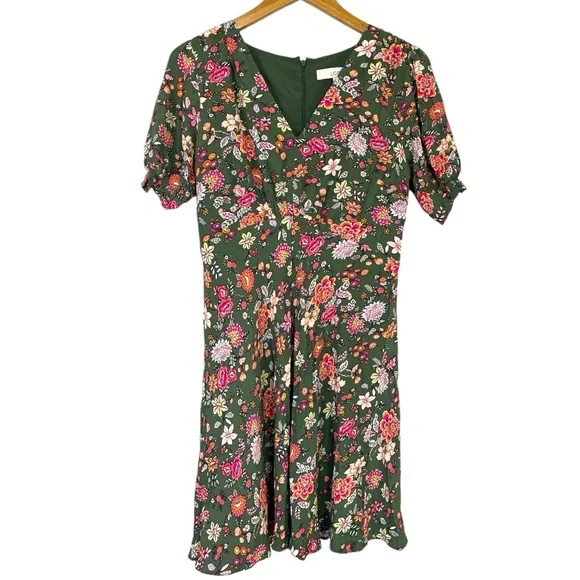 LOFT Country Garden Puff Sleeve V-Neck Mini Dress Size 6 Floral Print - Picture 2 of 6